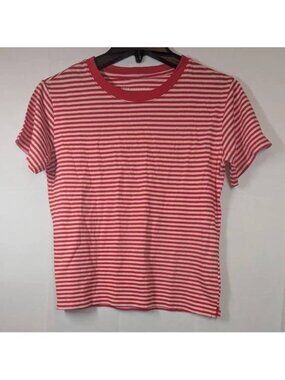 Free Assembly Womens Crop Short Sleeve Top size  XS Red Striped Boxy Cotton NWOT